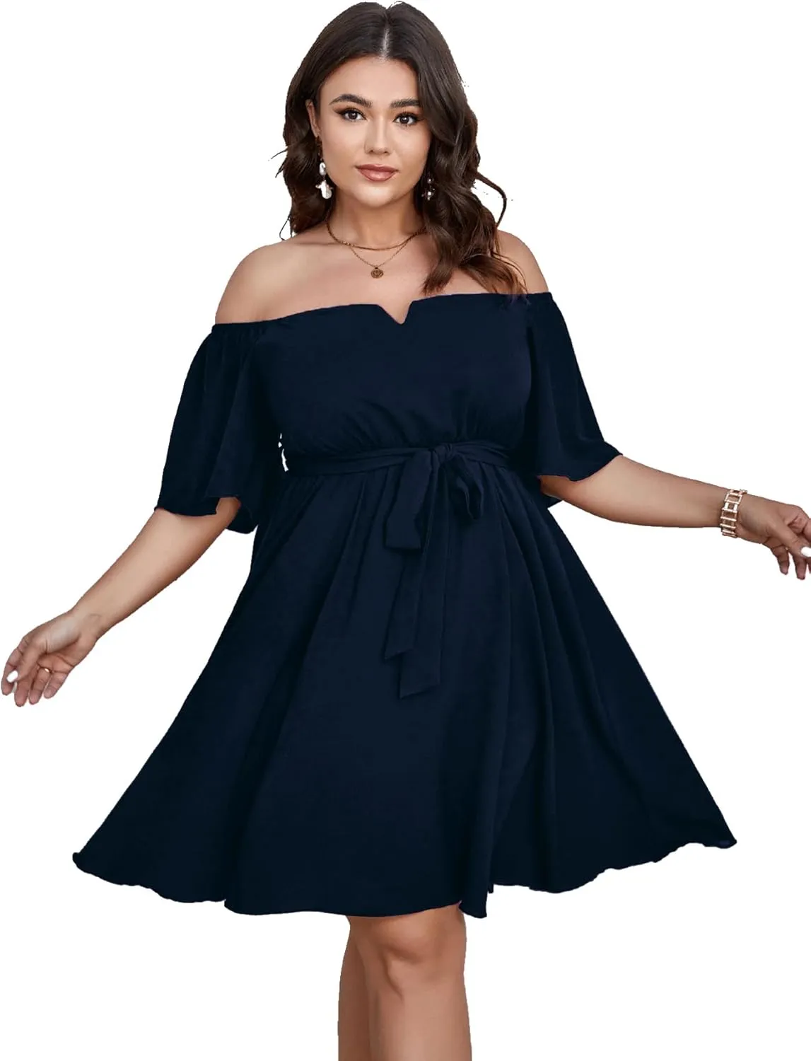 SCOMCHIC Womens Plus Size Cocktail Dress Summer Off Shoulder Short Sleeve Flowy Ruffle A-Line Cute Mini Dress with Belt