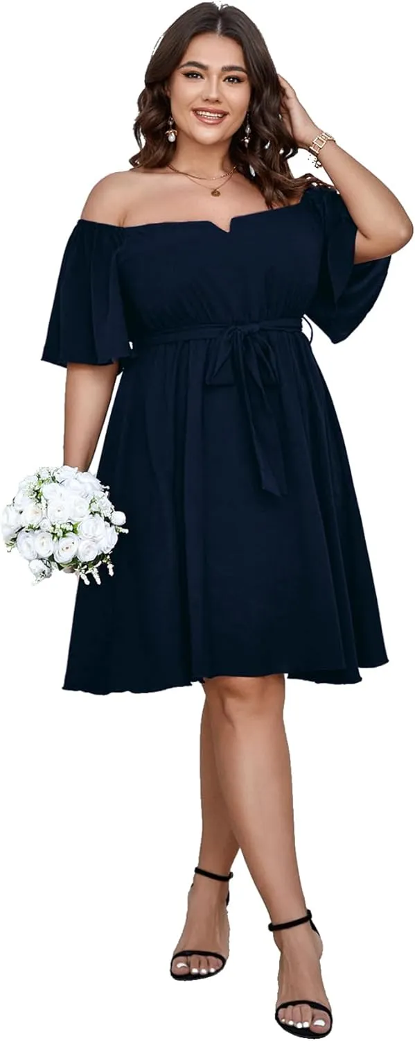 SCOMCHIC Womens Plus Size Cocktail Dress Summer Off Shoulder Short Sleeve Flowy Ruffle A-Line Cute Mini Dress with Belt