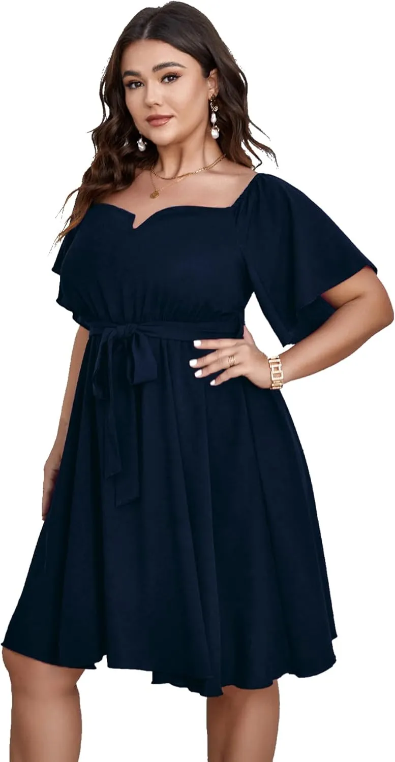 SCOMCHIC Womens Plus Size Cocktail Dress Summer Off Shoulder Short Sleeve Flowy Ruffle A-Line Cute Mini Dress with Belt