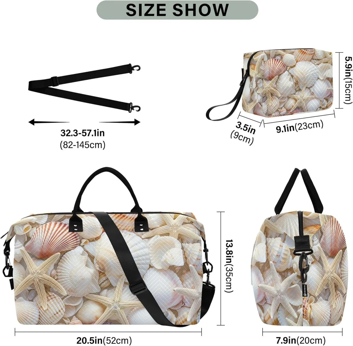 Sea Shells Starfish Duffel Bag Womens Cosmetic Bag Set of 2, Prints Luggage Bag Overnight Hospital Bag