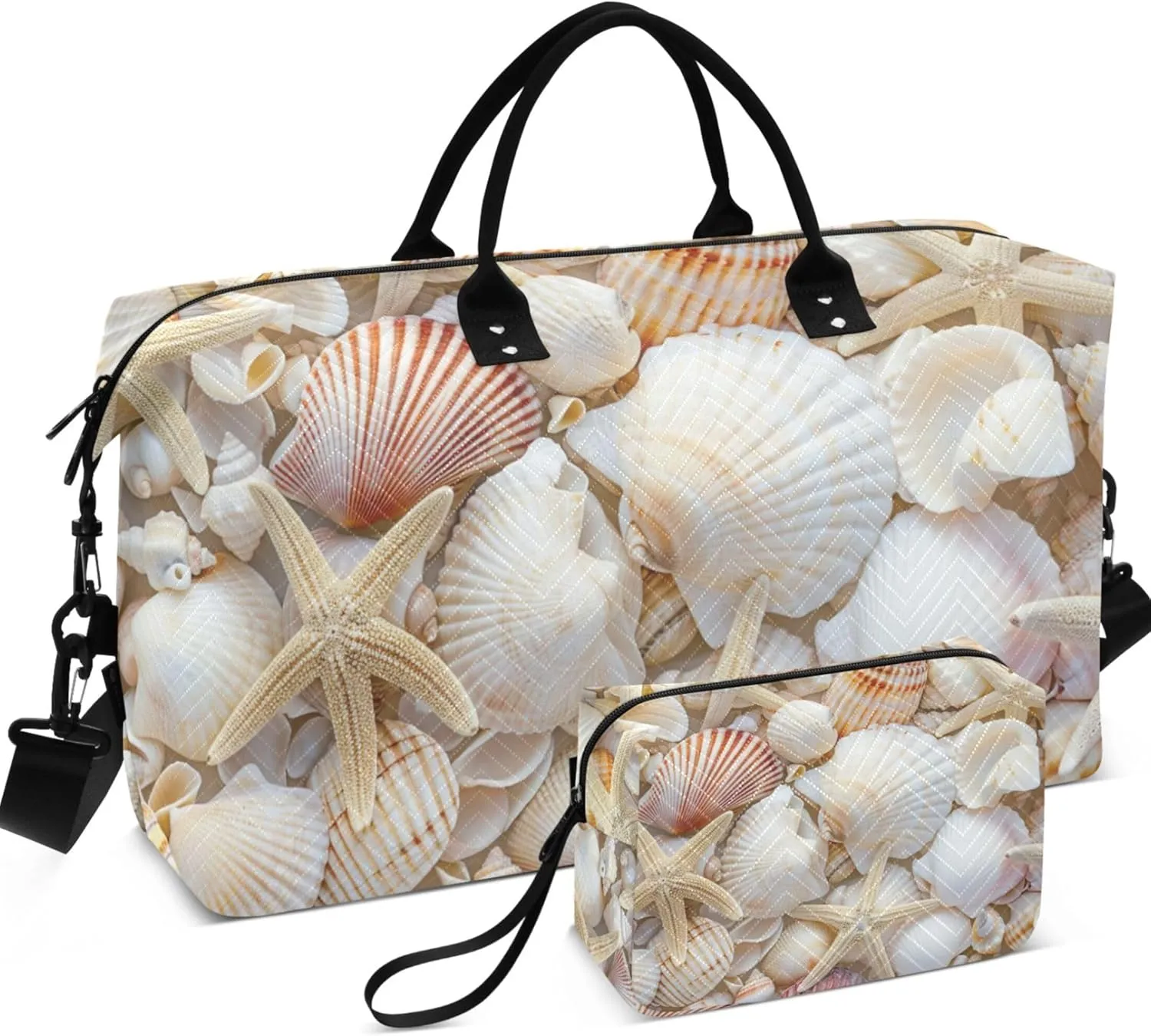 Sea Shells Starfish Duffel Bag Womens Cosmetic Bag Set of 2, Prints Luggage Bag Overnight Hospital Bag