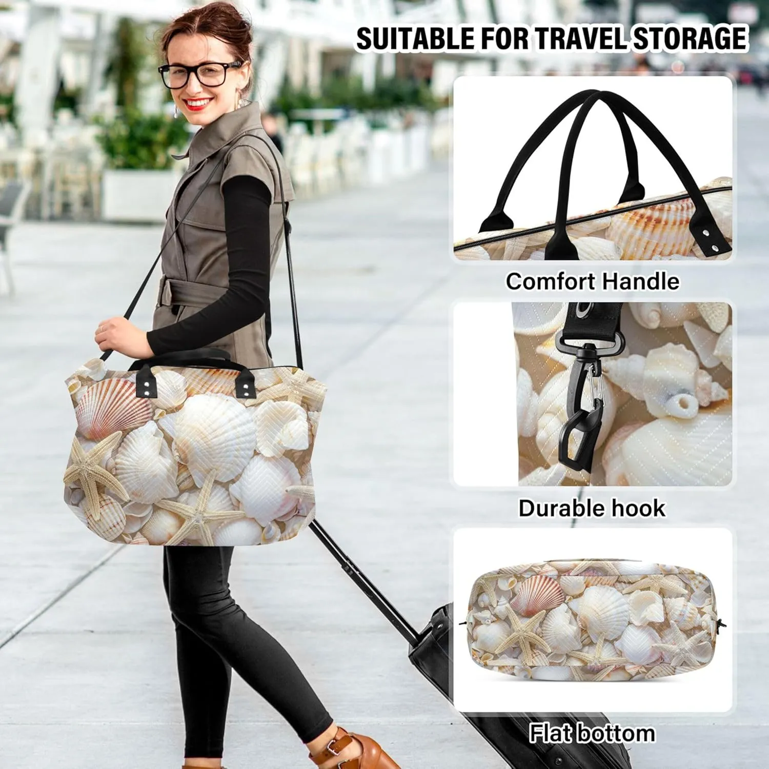 Sea Shells Starfish Duffel Bag Womens Cosmetic Bag Set of 2, Prints Luggage Bag Overnight Hospital Bag