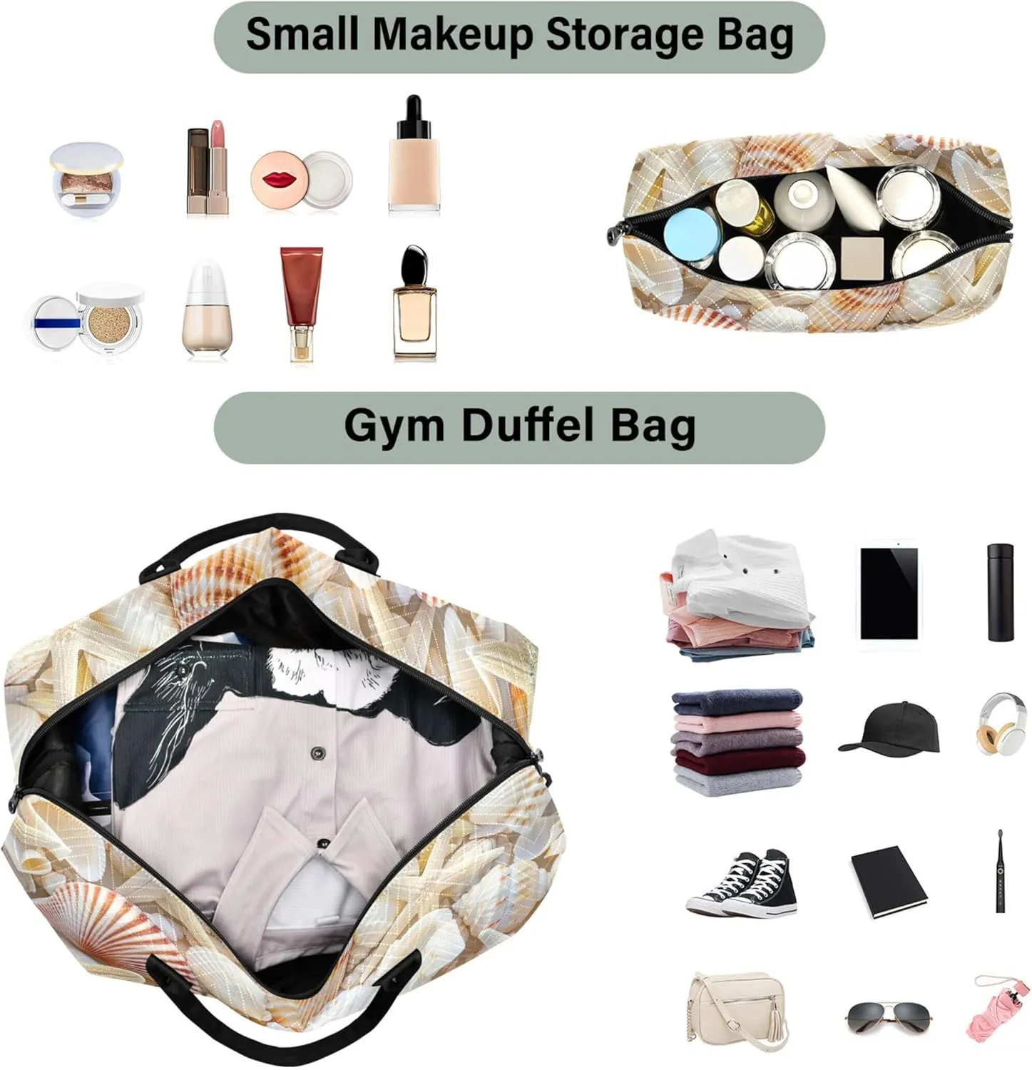 Sea Shells Starfish Duffel Bag Womens Cosmetic Bag Set of 2, Prints Luggage Bag Overnight Hospital Bag