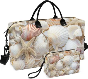 Sea Shells Starfish Duffel Bag Womens Cosmetic Bag Set of 2, Prints Luggage Bag Overnight Hospital Bag