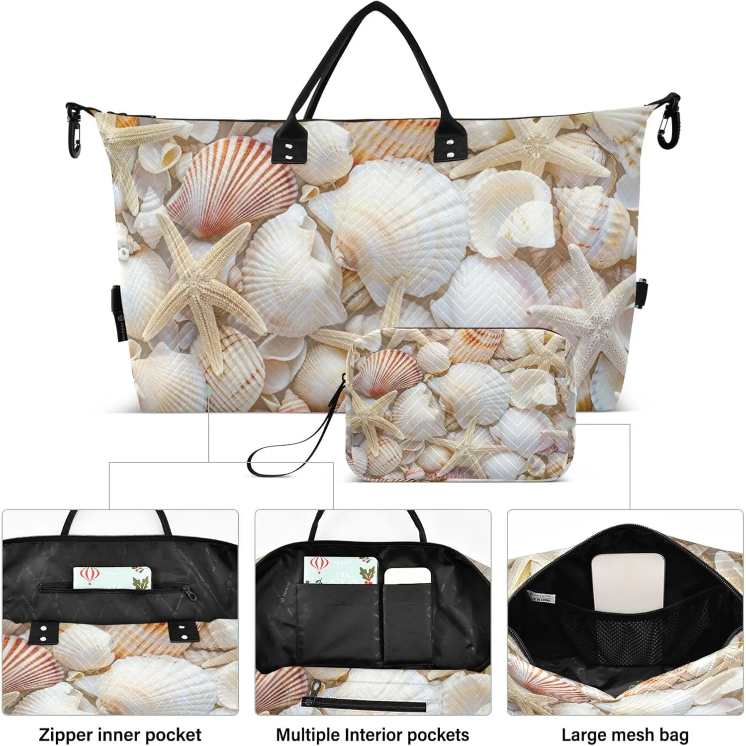 Sea Shells Starfish Duffel Bag Womens Cosmetic Bag Set of 2, Prints Luggage Bag Overnight Hospital Bag