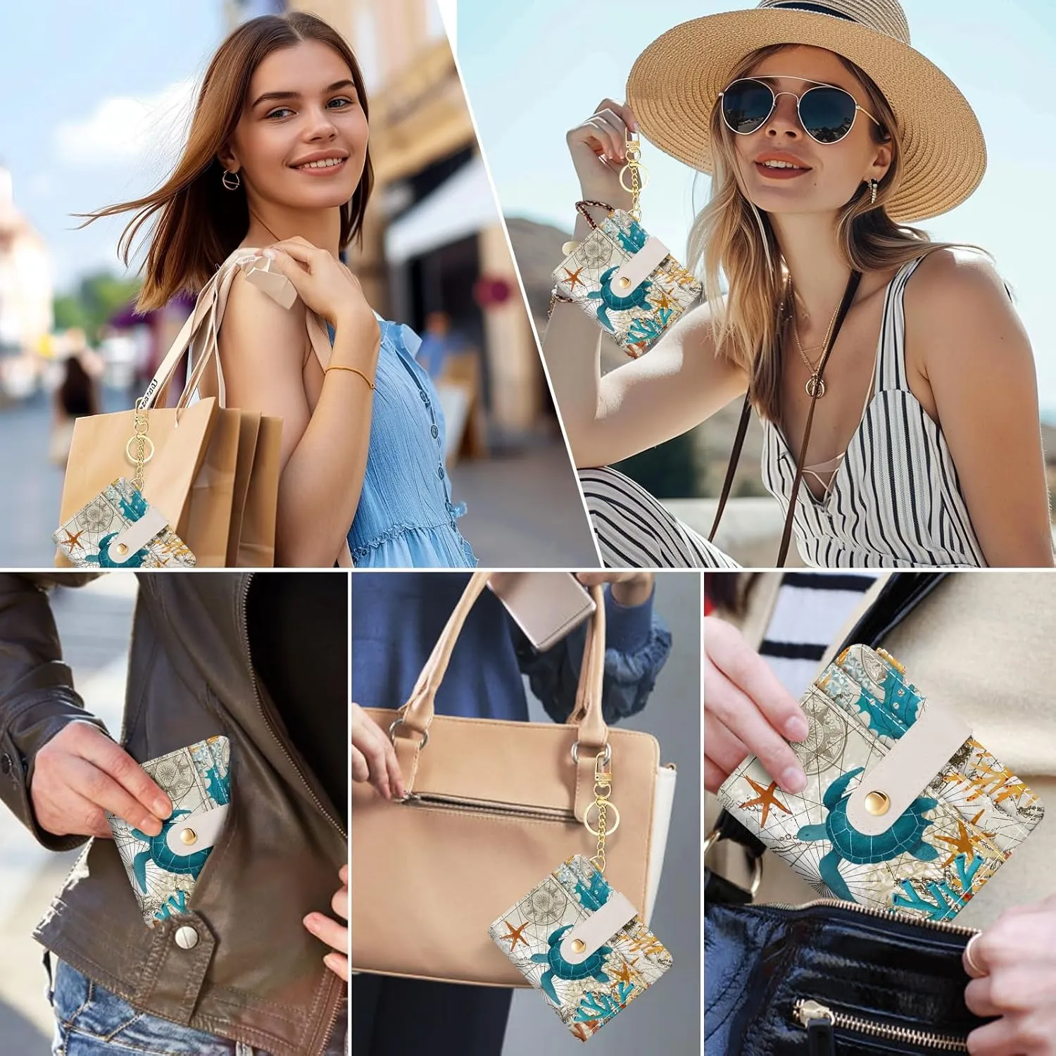 Sea Turtle Rfid Women Wallet, Small Slim Thin Credit Card Wallet, PU Leather Bifold Cash Zipper Coin Pocket ID Window for Female Ladies Teen Girls Girly
