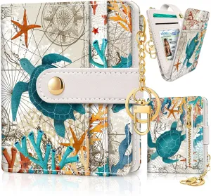 Sea Turtle Rfid Women Wallet, Small Slim Thin Credit Card Wallet, PU Leather Bifold Cash Zipper Coin Pocket ID Window for Female Ladies Teen Girls Girly