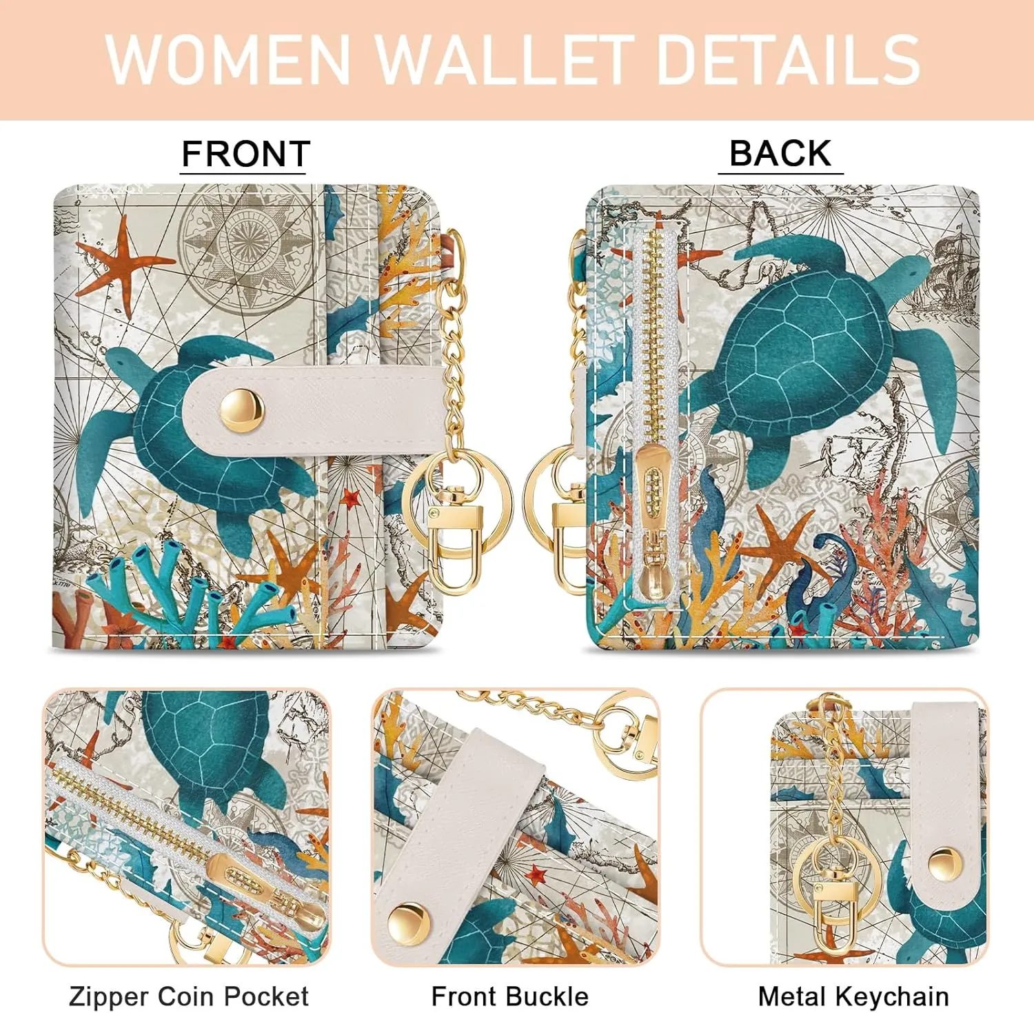Sea Turtle Rfid Women Wallet, Small Slim Thin Credit Card Wallet, PU Leather Bifold Cash Zipper Coin Pocket ID Window for Female Ladies Teen Girls Girly