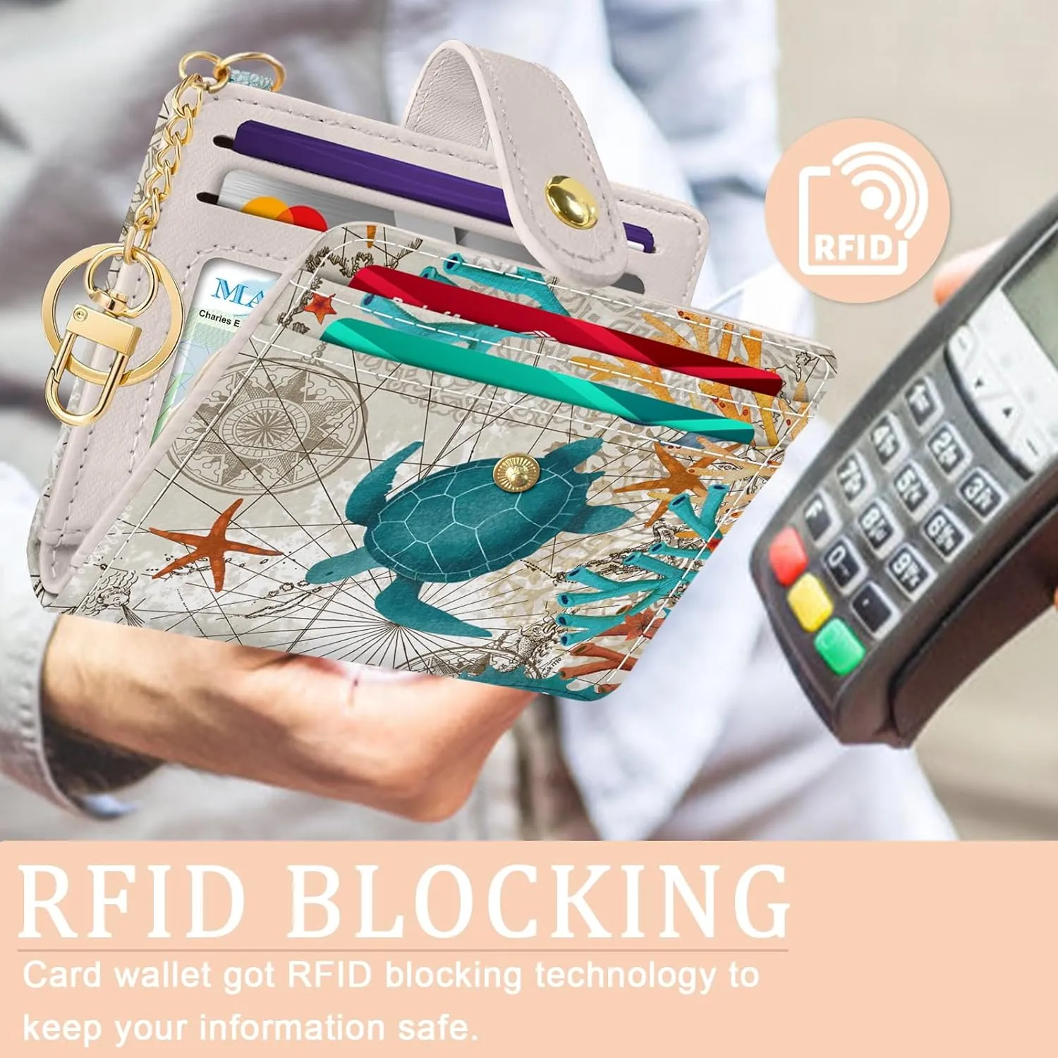 Sea Turtle Rfid Women Wallet, Small Slim Thin Credit Card Wallet, PU Leather Bifold Cash Zipper Coin Pocket ID Window for Female Ladies Teen Girls Girly