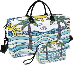 Sea Wave Coconut Tree Travel Duffel Bags with Toiletry Bag and Adjustable Strap for Travel Gym Yoga