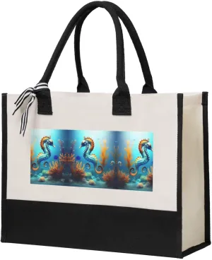 Seabed coral seahorse Canvas Shopping Bag â€“ Reusable Grocery Bag â€“ Personalized Tote for Travel, Beach, Picnic, Shopping, Moving, Beige, One Size