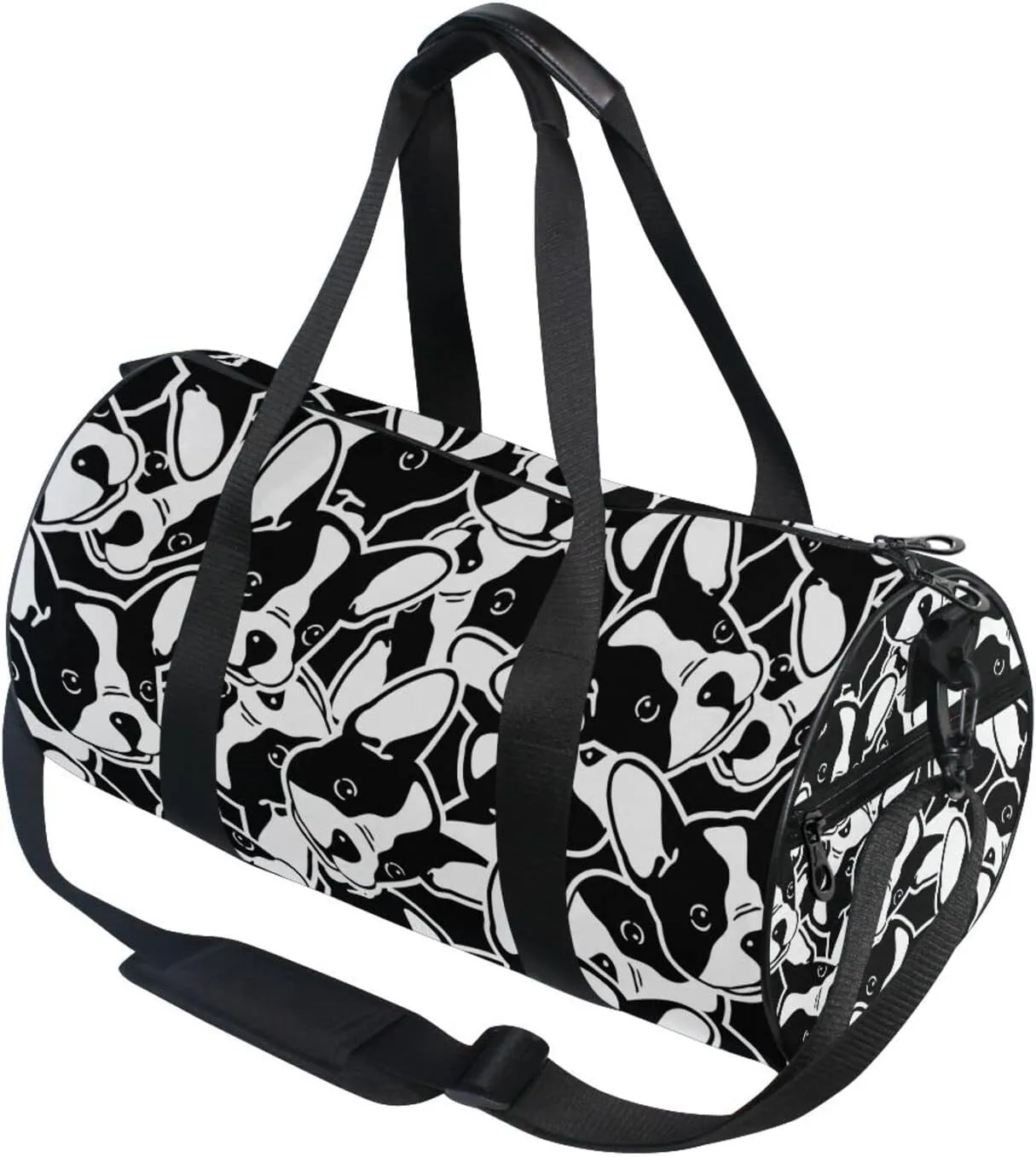 Seamless Black White Doodle Dog Head French Bulldog Puppy Face Duffel Bag, Foldable Canvas Travel Tote for Gym Sports with Inner Pockets, Durable Lightweight Fitness Bag for Overnight Workout