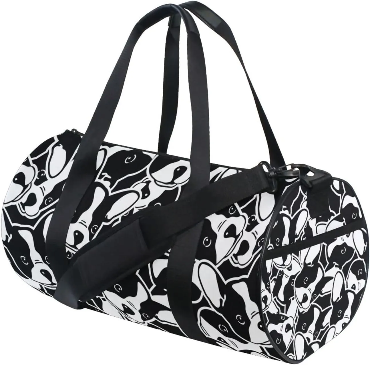 Seamless Black White Doodle Dog Head French Bulldog Puppy Face Duffel Bag, Foldable Canvas Travel Tote for Gym Sports with Inner Pockets, Durable Lightweight Fitness Bag for Overnight Workout