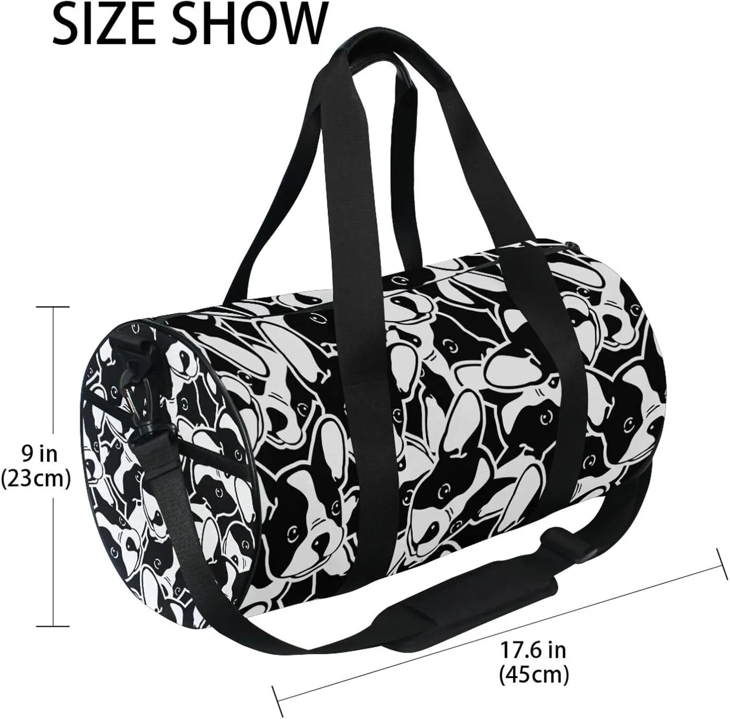 Seamless Black White Doodle Dog Head French Bulldog Puppy Face Duffel Bag, Foldable Canvas Travel Tote for Gym Sports with Inner Pockets, Durable Lightweight Fitness Bag for Overnight Workout