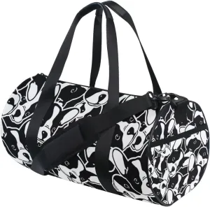 Seamless Black White Doodle Dog Head French Bulldog Puppy Face Duffel Bag, Foldable Canvas Travel Tote for Gym Sports with Inner Pockets, Durable Lightweight Fitness Bag for Overnight Workout
