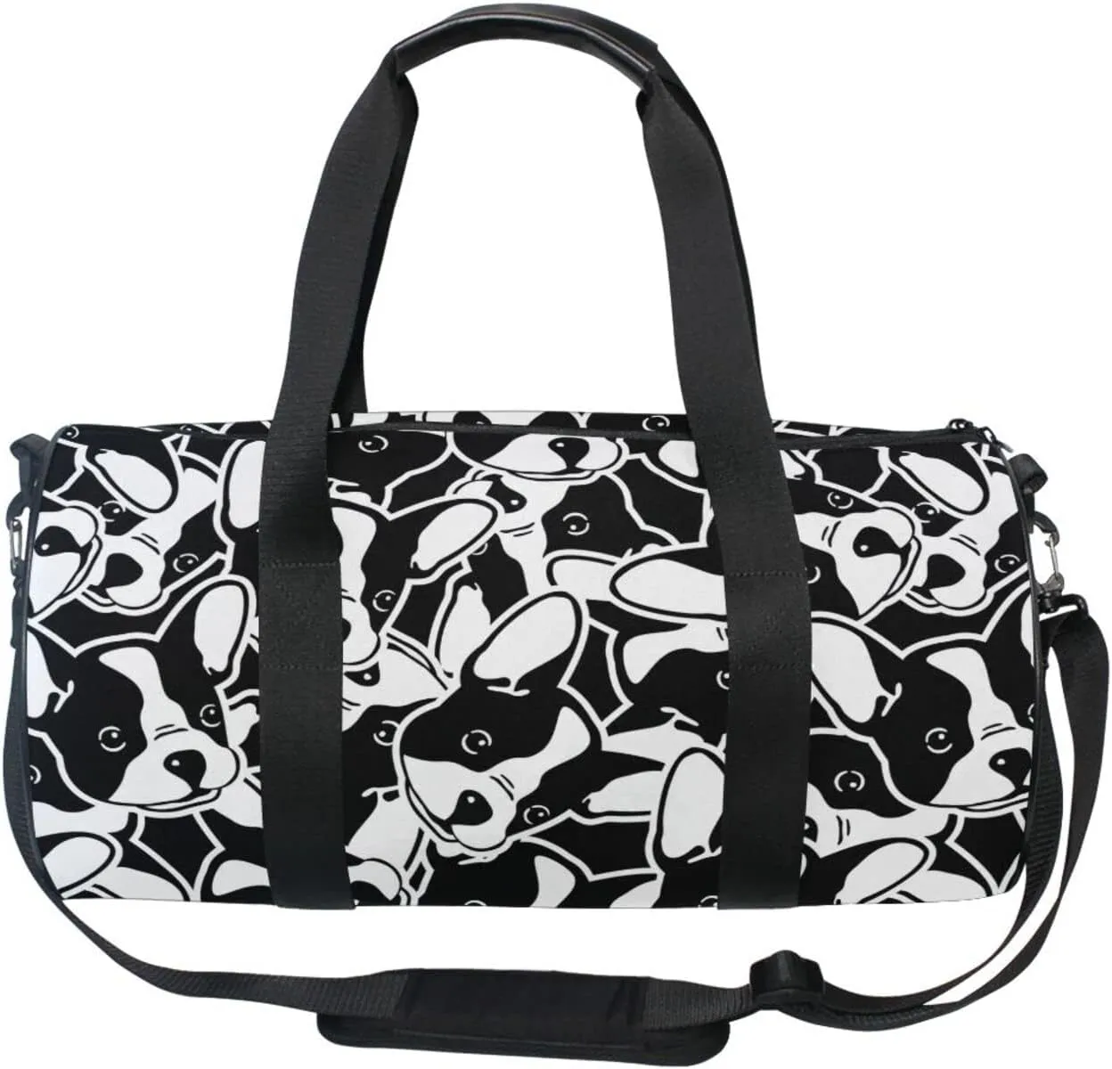 Seamless Black White Doodle Dog Head French Bulldog Puppy Face Duffel Bag, Foldable Canvas Travel Tote for Gym Sports with Inner Pockets, Durable Lightweight Fitness Bag for Overnight Workout