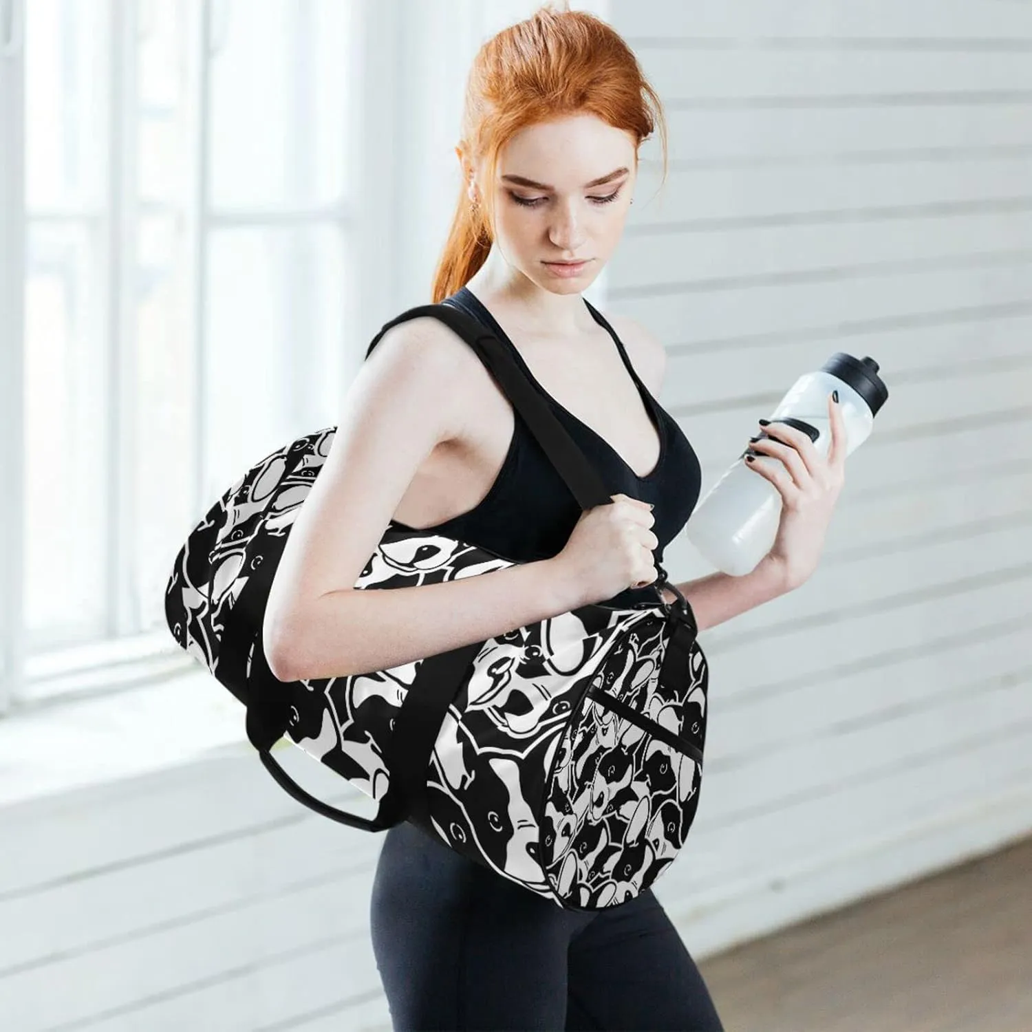 Seamless Black White Doodle Dog Head French Bulldog Puppy Face Duffel Bag, Foldable Canvas Travel Tote for Gym Sports with Inner Pockets, Durable Lightweight Fitness Bag for Overnight Workout