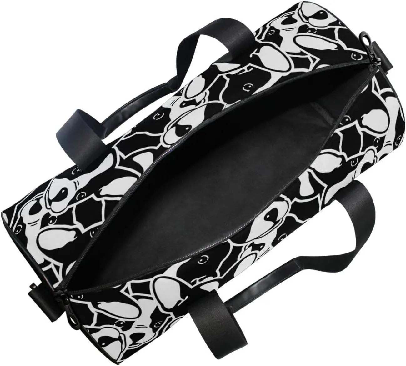 Seamless Black White Doodle Dog Head French Bulldog Puppy Face Duffel Bag, Foldable Canvas Travel Tote for Gym Sports with Inner Pockets, Durable Lightweight Fitness Bag for Overnight Workout