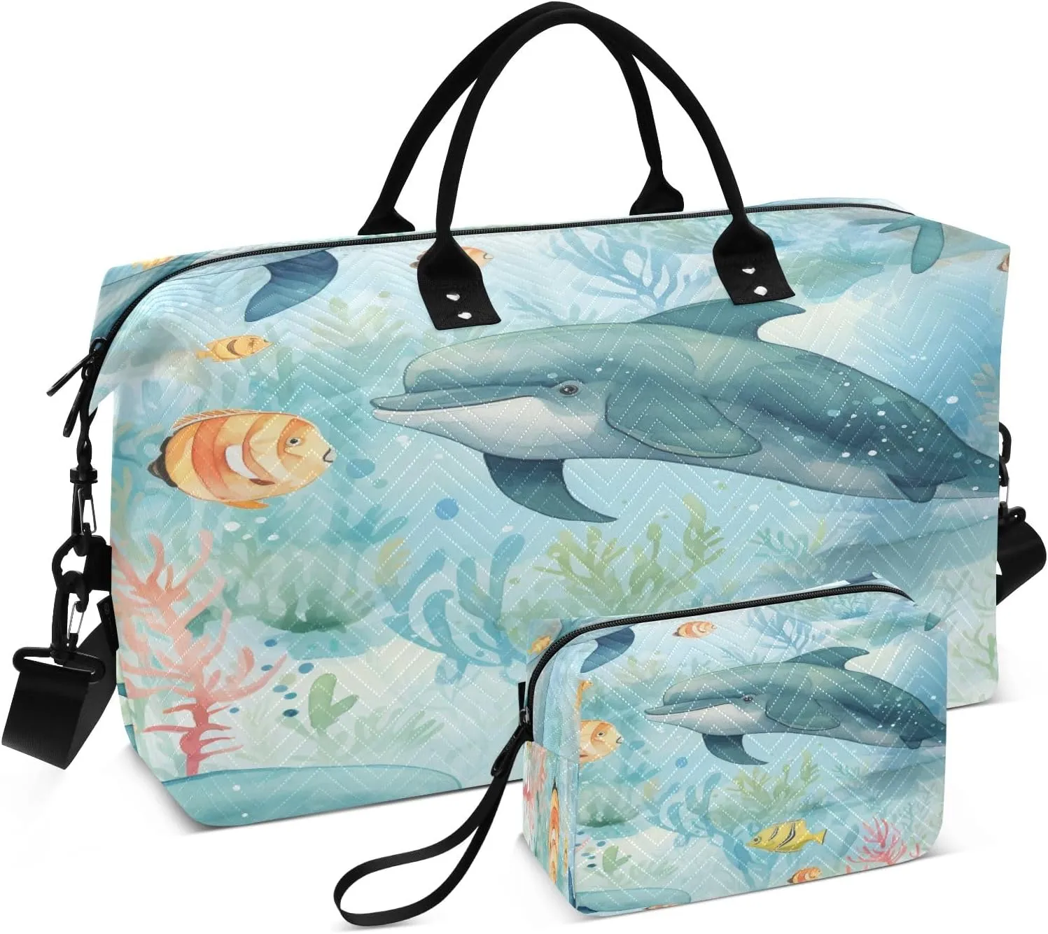 Seaweed Fish Travel Duffel Bags with Toiletry Bag and Adjustable Strap for Travel Gym Yoga