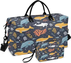 Seaweed Whale Cute Travel Duffel Bags with Toiletry Bag and Adjustable Strap for Travel Gym Yoga