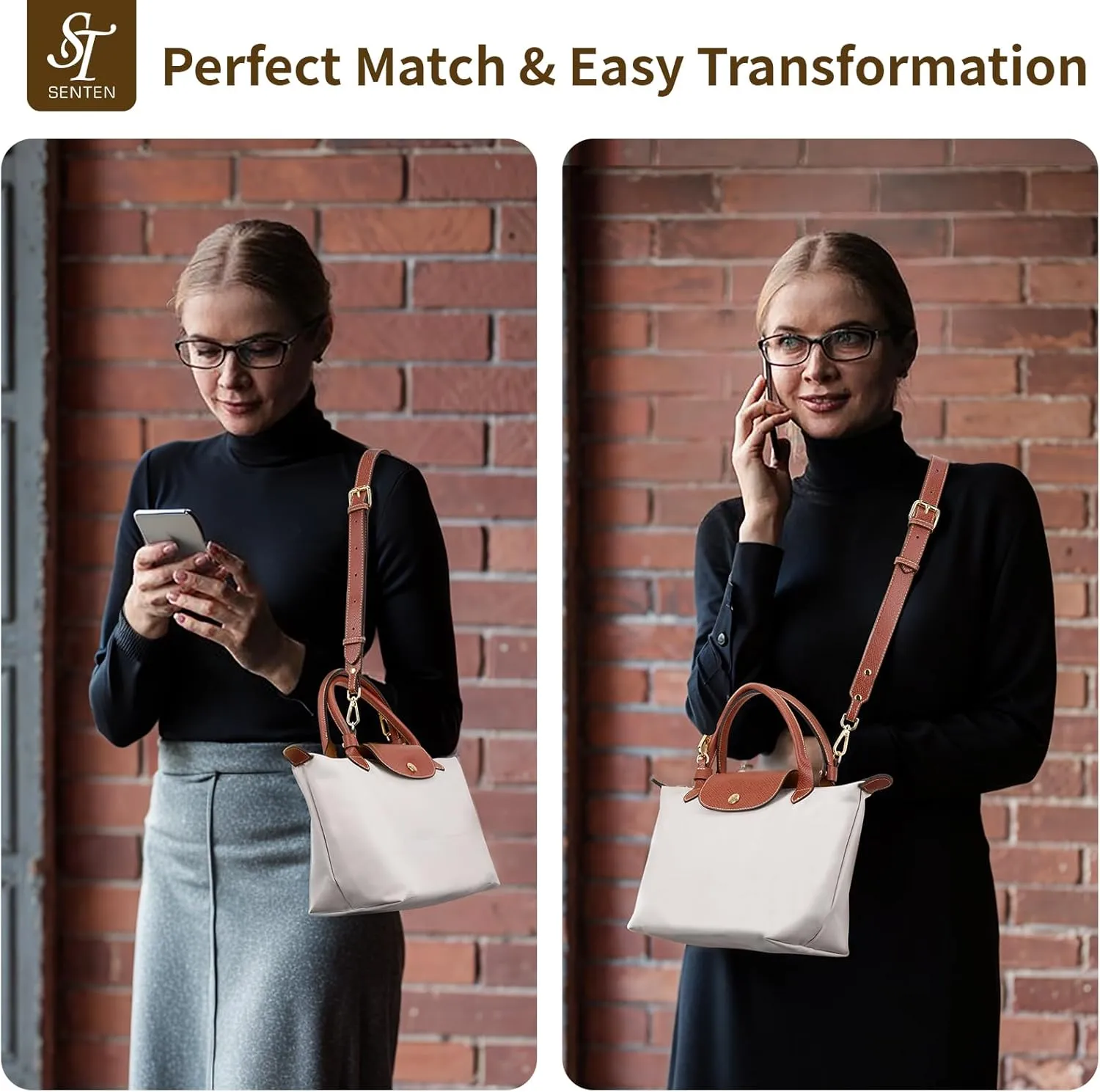 SENTEN Purse Straps Replacement, Leather Crossbody Shoulder Strap Kit Adjustable for S/M Longchamp