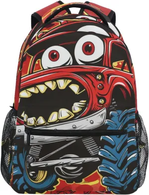 senya Red Monster Trucks Tines Backpack Water-Resistant Lightweight Bookbags Travel Bag with Mesh Side Pockets