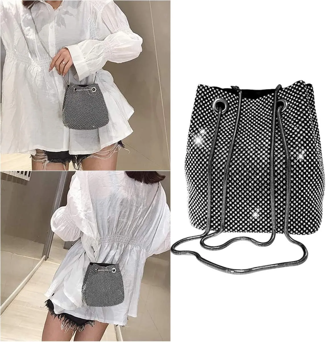 Sequined Bucket Bag Rhinestone Clutches Bag Rhinestone Clutches for Women Prom Clutch Bag Crossbody Bag