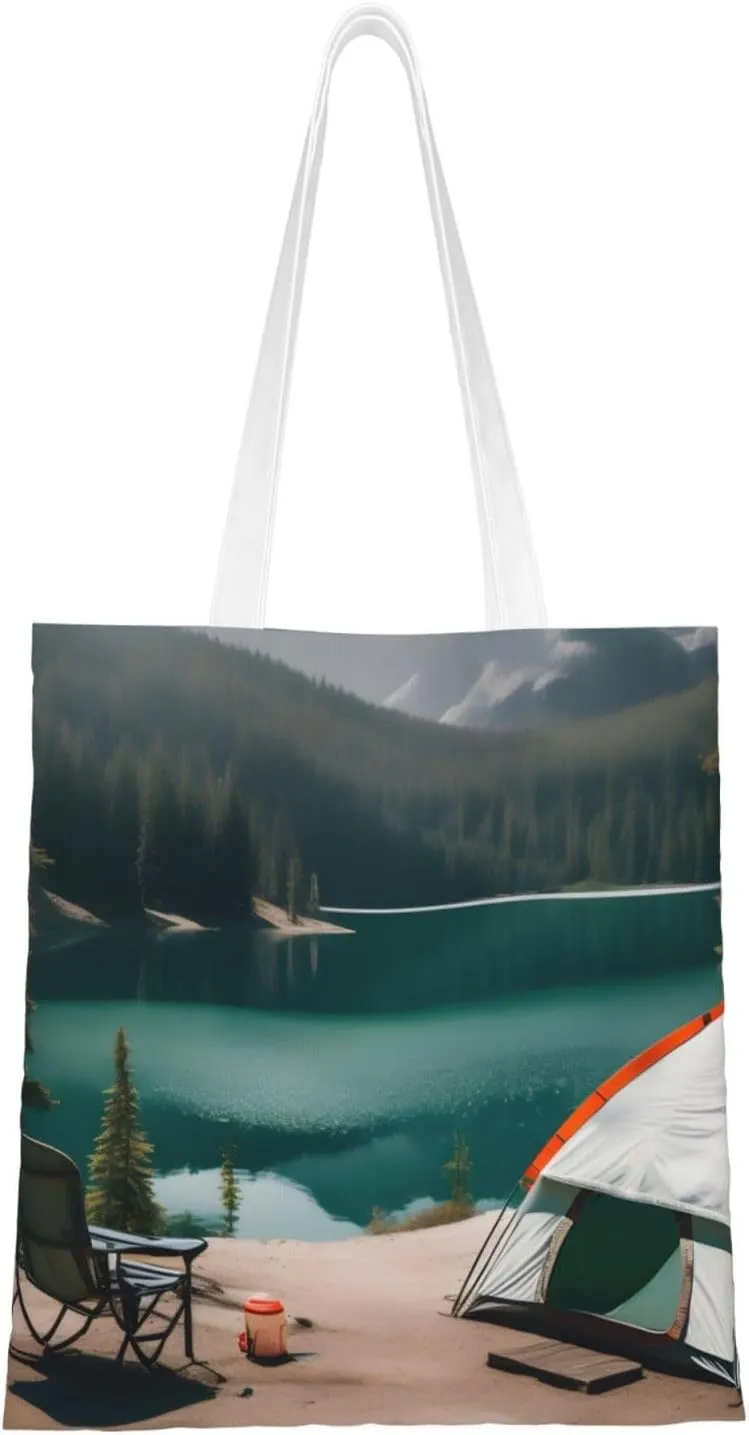 Serenity Lake Camping Print Canvas Tote Bag Reusable Shoulder Shopping Bags For Daily Use Shopping Travel