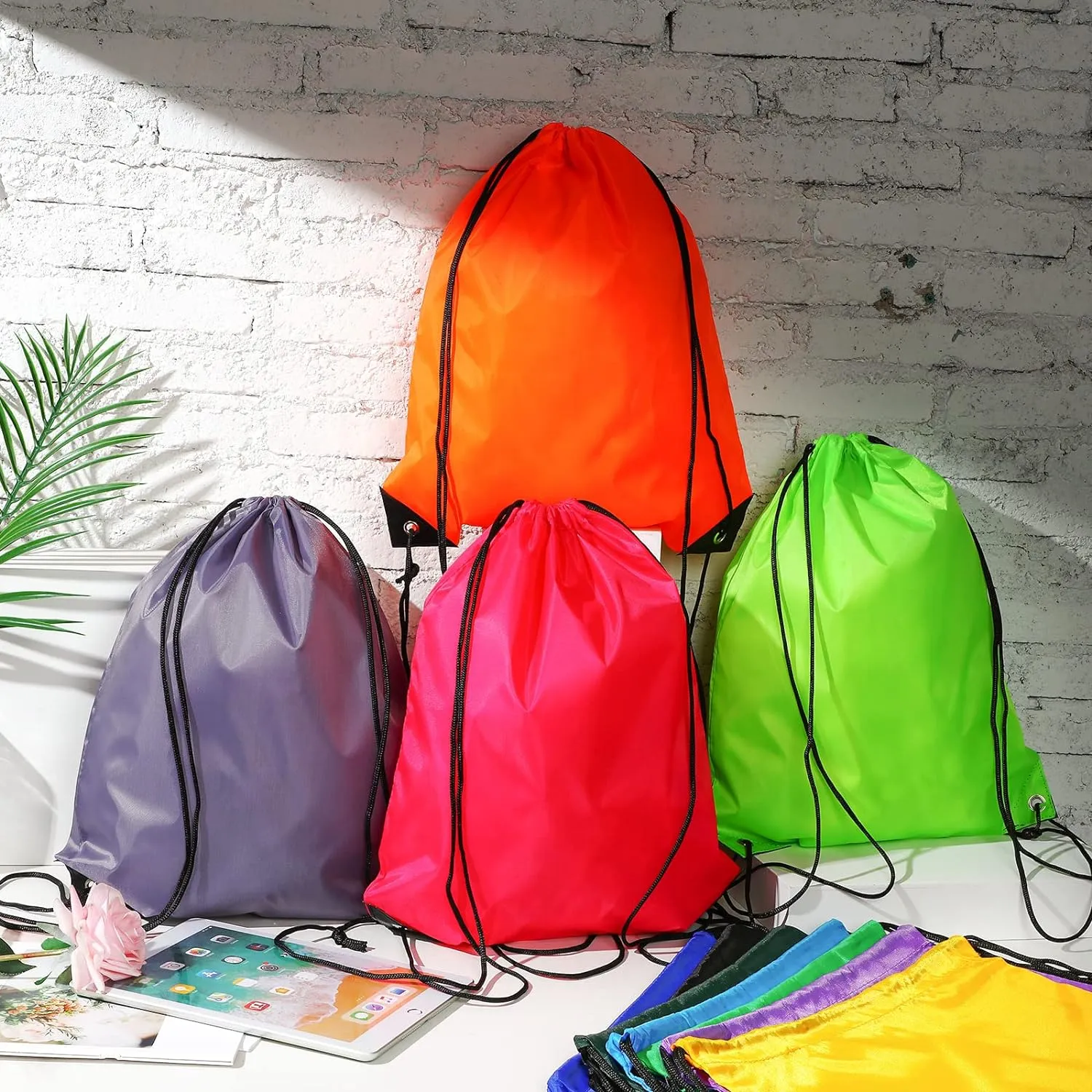 Shappy 100 Pcs Drawstring Backpack Bulk Sports Gym Cinch Bag Polyester String Bag for Men Women Children(10 Colors)