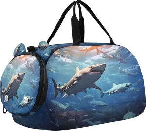 Sharks Kids Overnight Sports Duffel Bags with Shoe Compartment & Wet Pocket Travel Sport Gym Bag for Girls Boys
