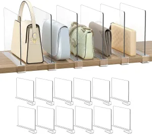 Shelf Dividers Purse Organizer for Closet: 12-Pack Acrylic Bag Storage Organizer for Handbags, Clutches, Clothes, Sweater, Towel