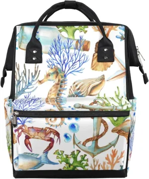 Shell Starfish Seahorse Crab Diaper Bag Tote Large Capacity Waterproof with Adjustable Shoulder Strap and Pram Straps Mommy Bag for Hospital Beach Weekender Travel
