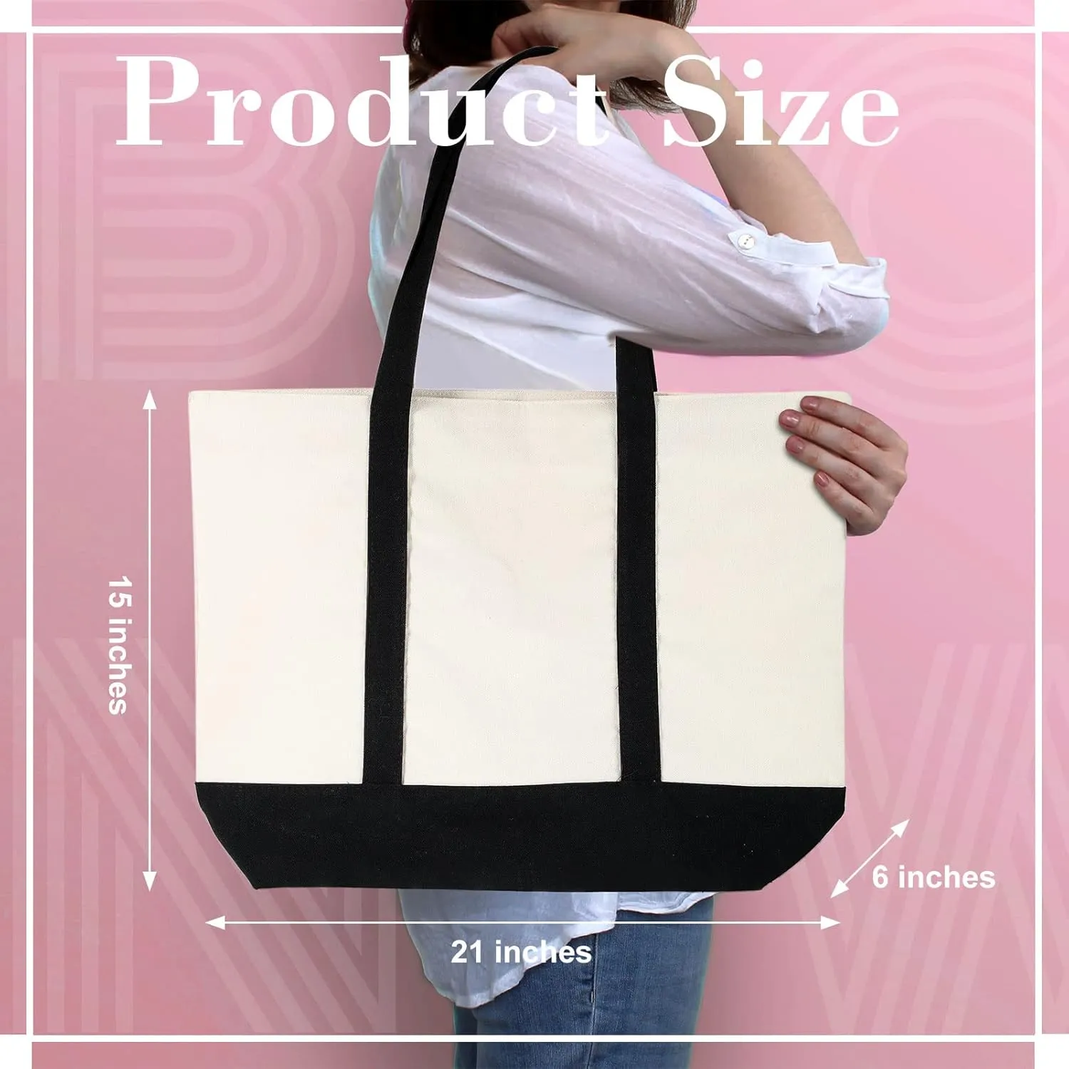 Sherr Canvas Tote Bag Bulk with Outer Pocket, 21 in Large Cotton Tote Beach Bags with Zipper