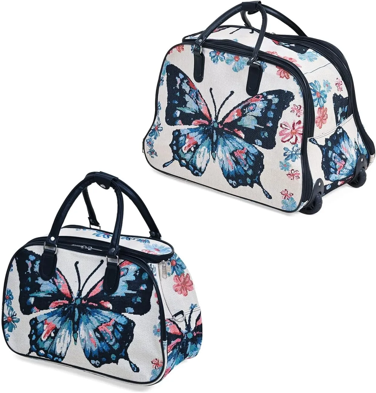 Shop LC Set of 2 Beige with Butterfly Travel Bag - Large Wheeled Rolling Duffel Bag and Small Duffel Bag Mothers Day Gifts