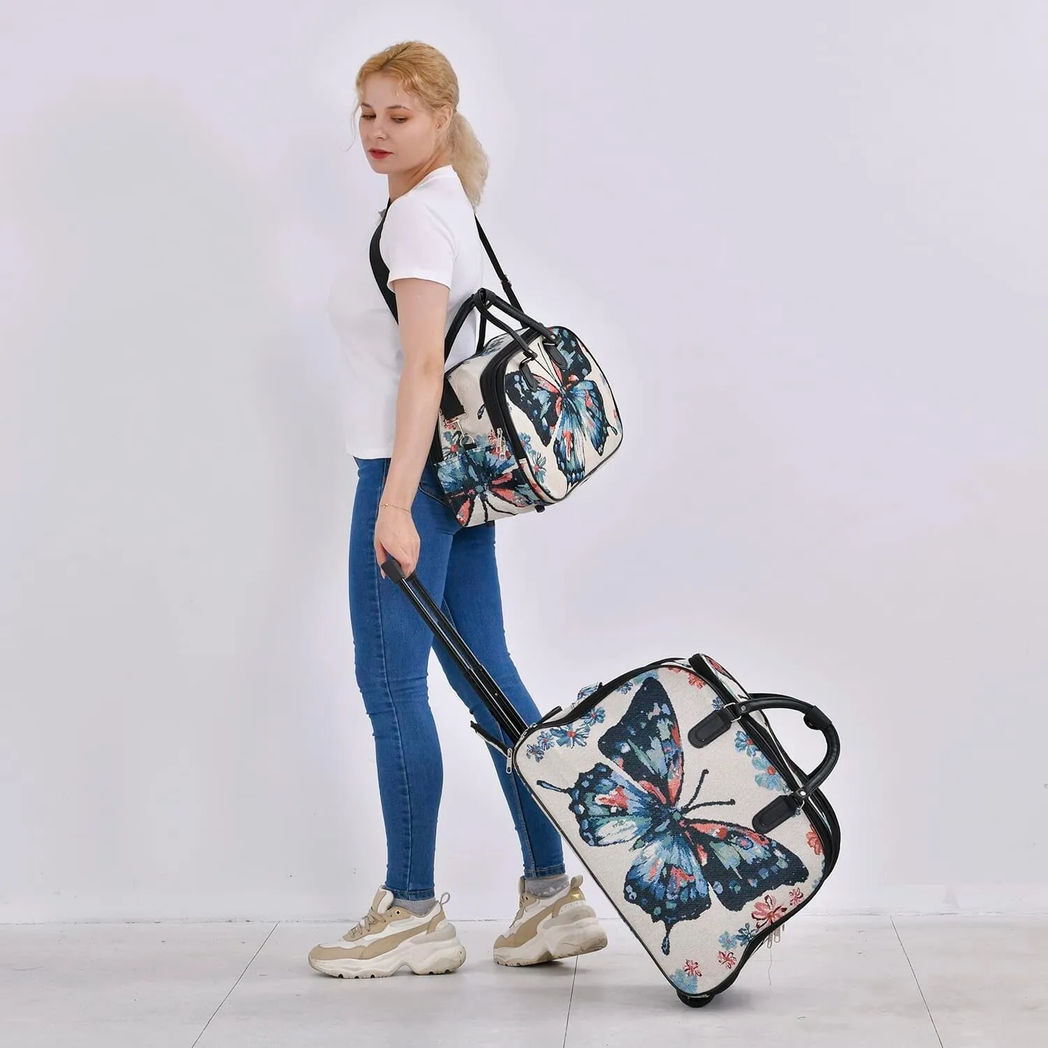 Shop LC Set of 2 Beige with Butterfly Travel Bag - Large Wheeled Rolling Duffel Bag and Small Duffel Bag Mothers Day Gifts