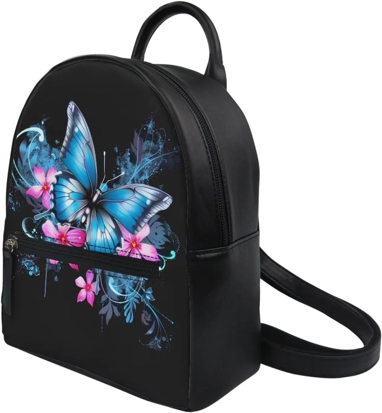 Showudesigns Butterfly Flower Backpack for Women Teenager Purse Small Gifts Mini Pu Leather Backpacks Teen Girls Small Shoulder Bag Casual Daypack Tote Bags Handbag Black