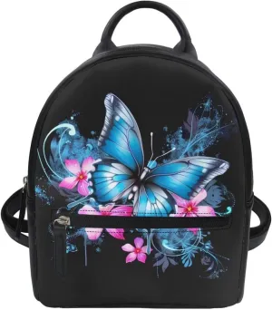 Showudesigns Butterfly Flower Backpack for Women Teenager Purse Small Gifts Mini Pu Leather Backpacks Teen Girls Small Shoulder Bag Casual Daypack Tote Bags Handbag Black