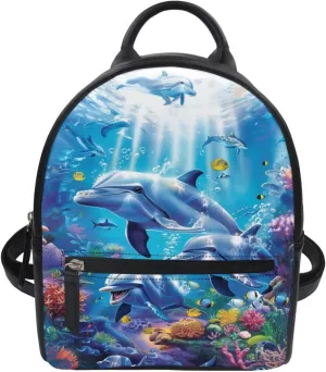Showudesigns Dolphin Backpack Purse for Women Mini Backpacks Pu Leather Zipper Closure Shoulder Bags Casual Tote Bag Lightweight Tote Bag Daypack Rucksack Blue