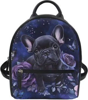 Showudesigns French Bulldog Backpack Purse for Women Mini Backpacks Water-Resistant Small Back Pack Dog Shoulder Bag for School Travel Vacation Min Casual Daypack Handbag Purple Rose