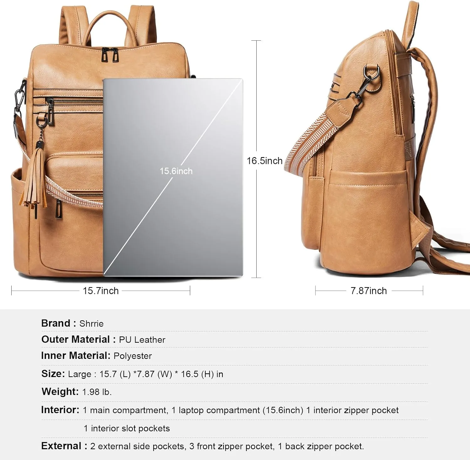 Shrrie 15.6 inch Laptop Backpack for Women,Large Leather Purse,Travel Backpacks Carry on,Water Resistant Casual Laptop Backpacks,College Backpack,Work Backpack for Women,Two-tone Camel Brown