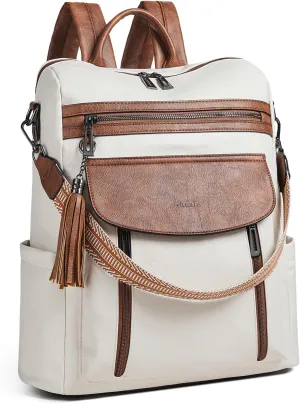 Shrrie Laptop Backpack for Women 15.6 inch,Travel Leather Backpack Purse Nurse Teacher Carry on Backpack Computer Bag,Professional Water-Resistant College Business Work Casual Daypack,Beige with Brown