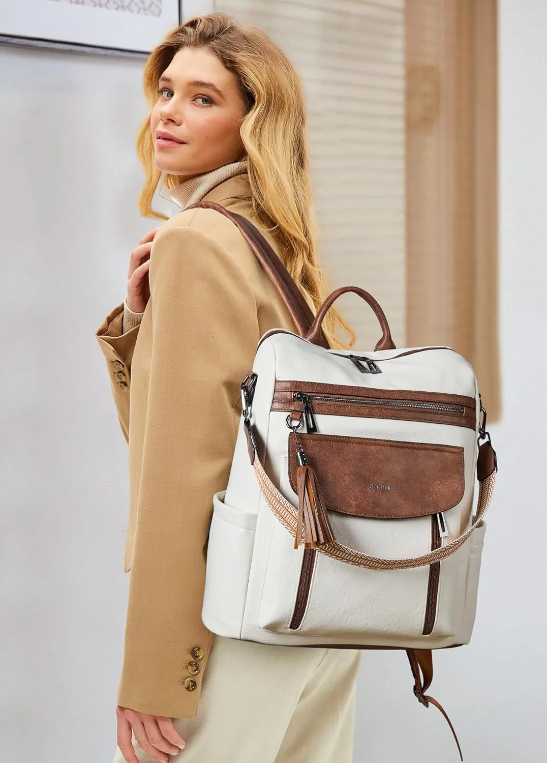 Shrrie Laptop Backpack for Women 15.6 inch,Travel Leather Backpack Purse Nurse Teacher Carry on Backpack Computer Bag,Professional Water-Resistant College Business Work Casual Daypack,Beige with Brown