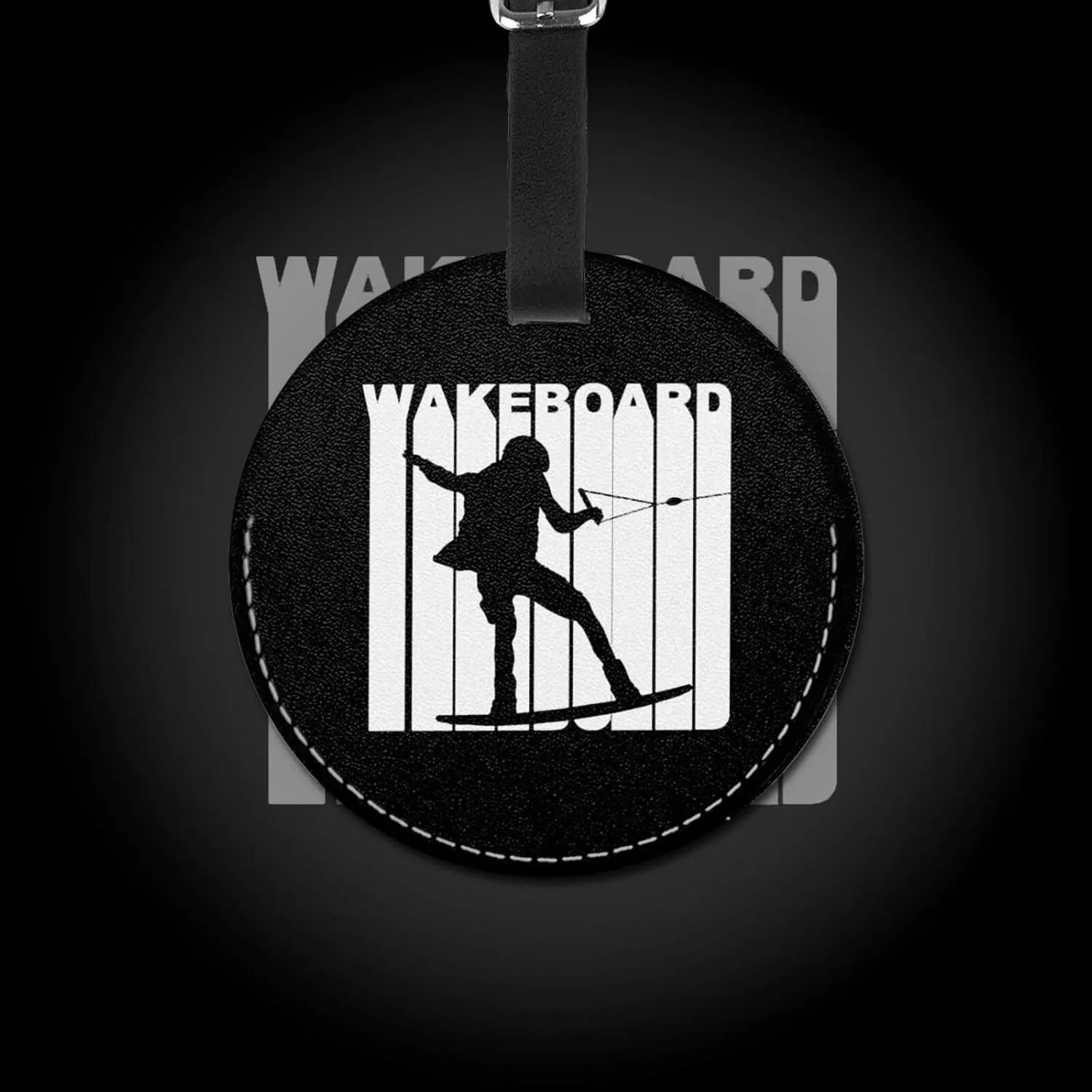 Silhouette Wakeboard Round Leather Luggage tag 3.7in, Suitable for Travel Bags, Backpacks, etc