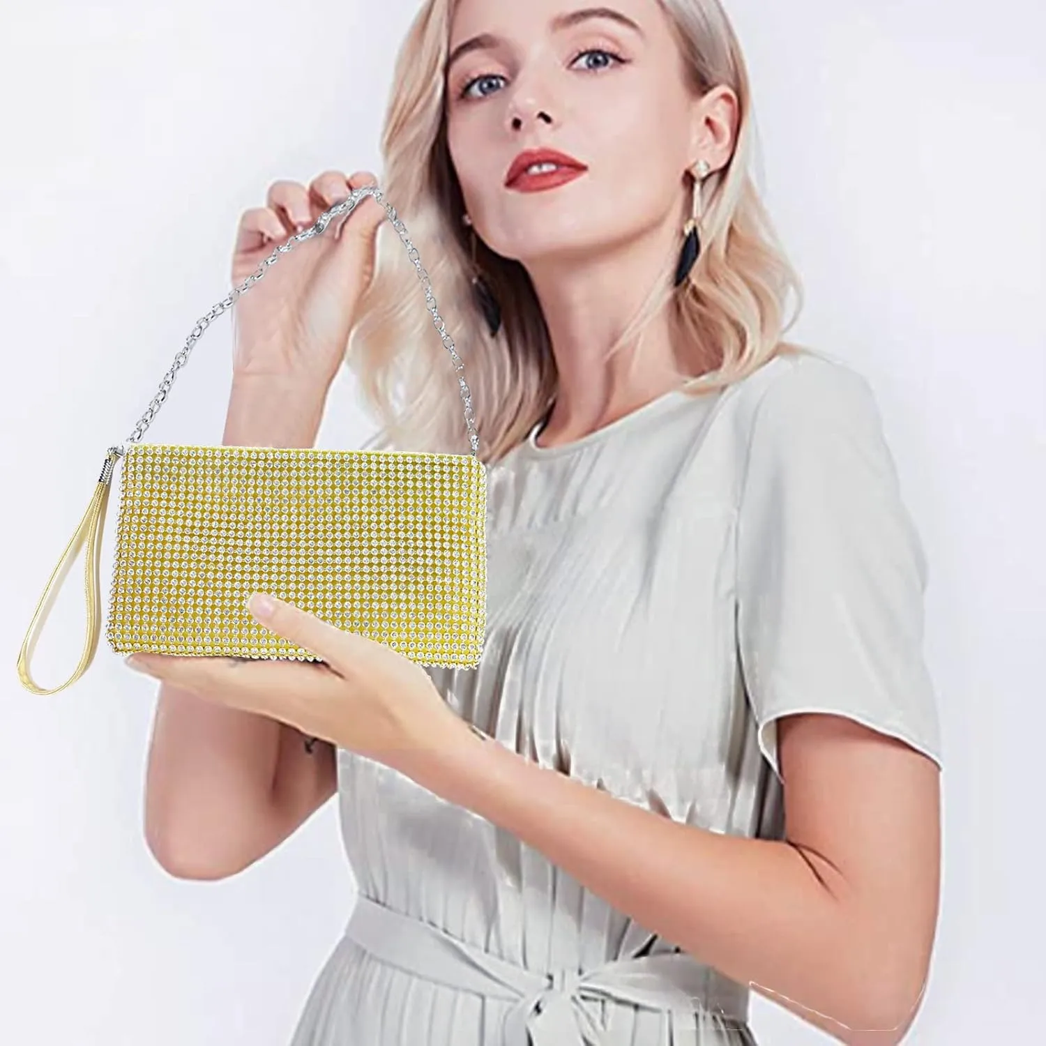 Silver Wristlet Clutch Purse for Women Evening Bags and Clutches Purses Bling Small Purse with Rhinestones Handbag