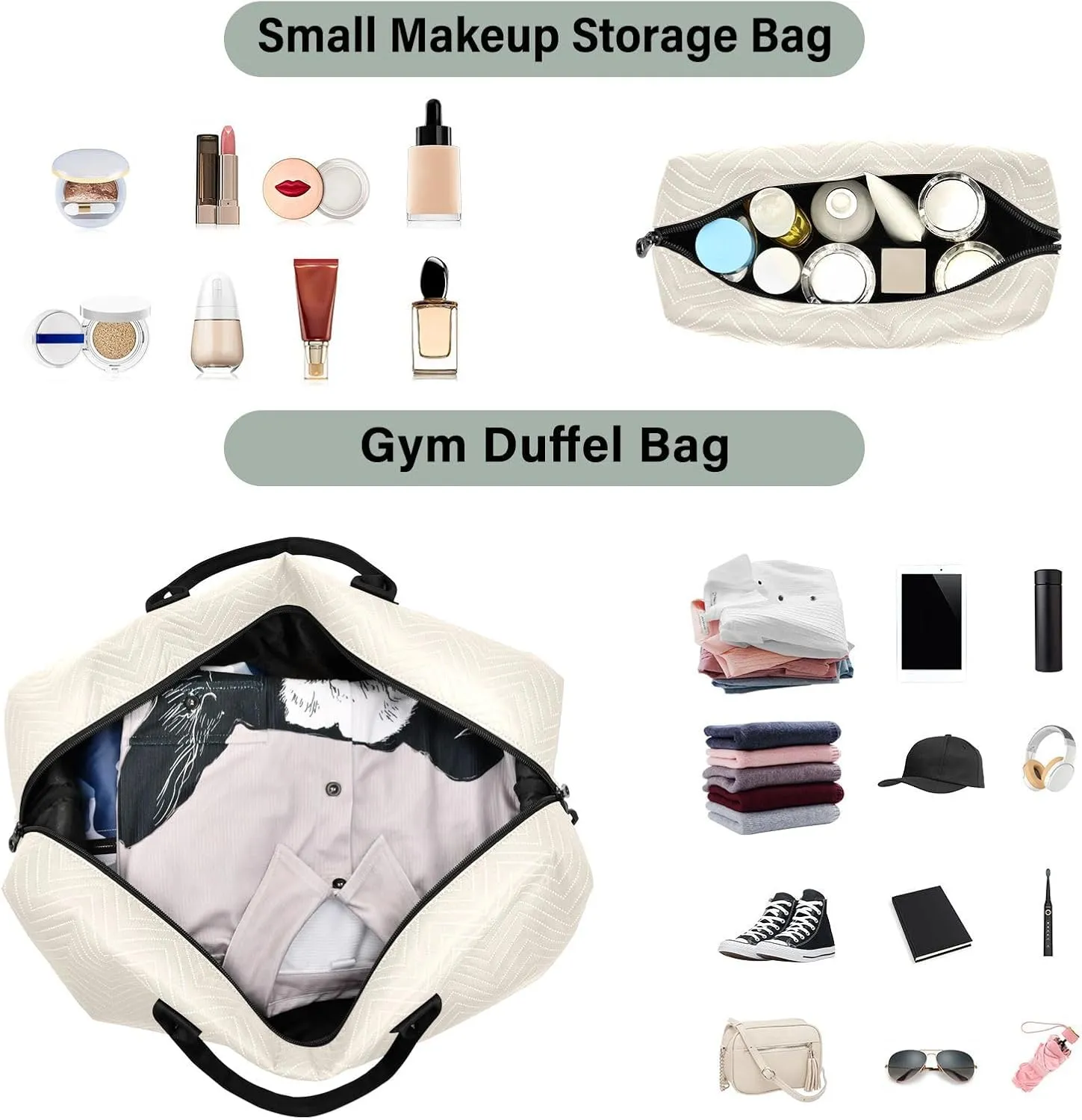 Sinestour Beige Travel Duffel Bag for Men Women with Makeup Bag Weekend Overnight Carry On Bags for Travel Yoga Gym