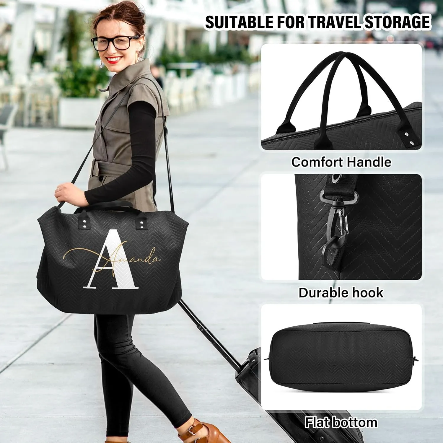 Sinestour Black Custom Travel Duffel Bag for Men Women with Makeup Bag Personalized Weekend Overnight Carry On Bags for Under Seat Travel Airline