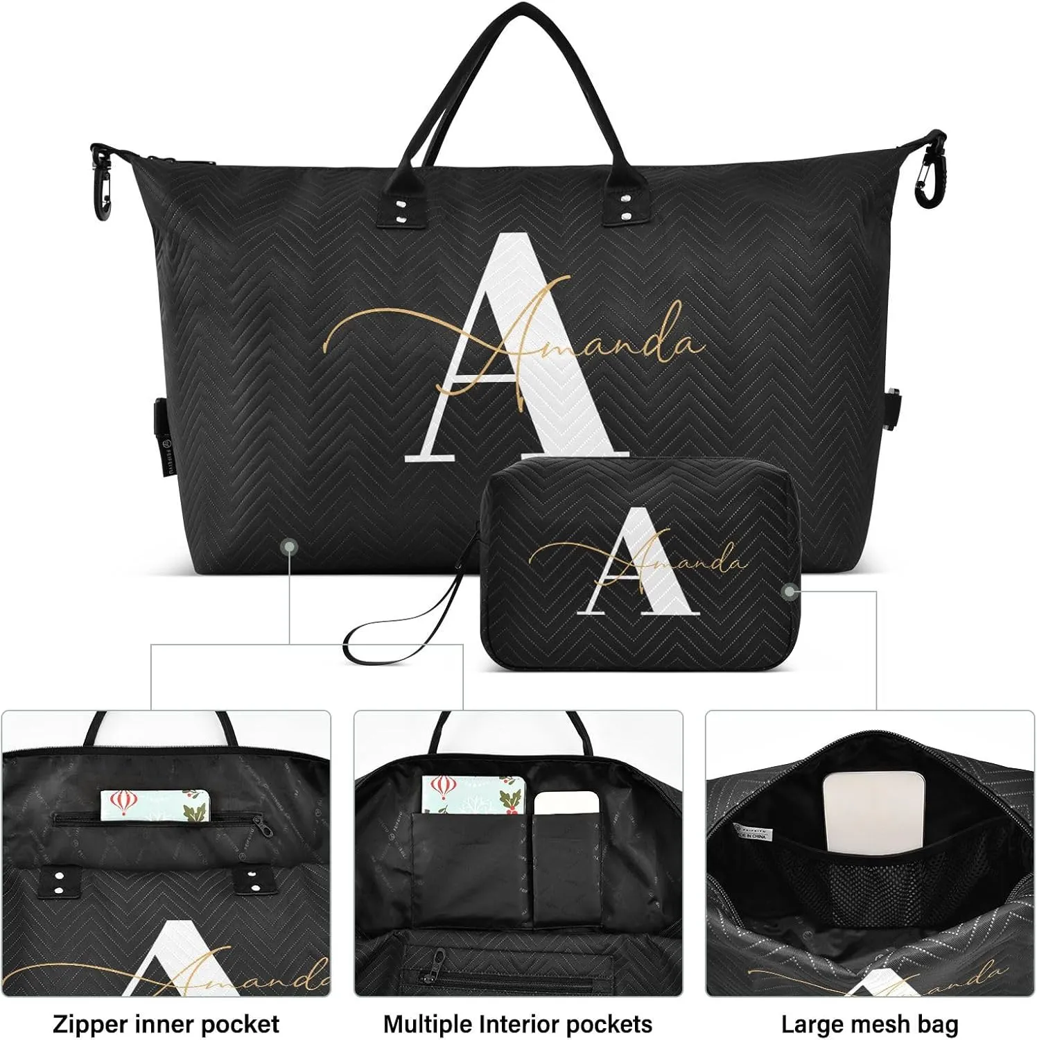 Sinestour Black Custom Travel Duffel Bag for Men Women with Makeup Bag Personalized Weekend Overnight Carry On Bags for Under Seat Travel Airline