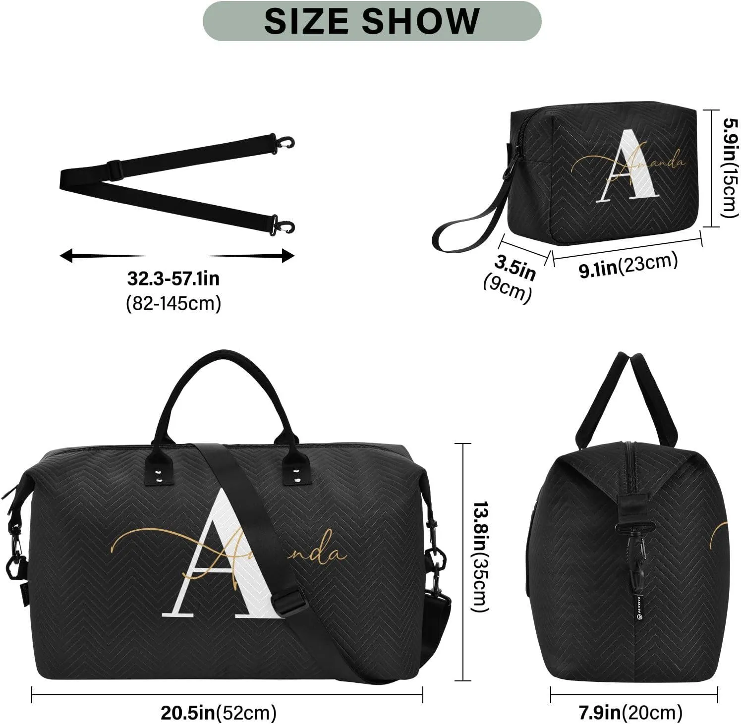 Sinestour Black Custom Travel Duffel Bag for Men Women with Makeup Bag Personalized Weekend Overnight Carry On Bags for Under Seat Travel Airline