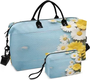 Sinestour Flowers Daisy Wooden Travel Duffel Bag for Men Women with Makeup Bag Weekend Overnight Carry On Bags for Travel Gym Hospital