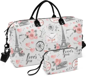 Sinestour Paris Rose Travel Duffel Bag for Men Women with Makeup Bag Weekend Overnight Carry On Bags for Travel Gym Yoga